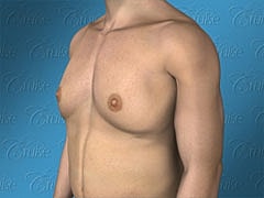 Male torso from the side against blue background.