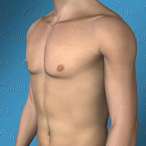 Side view of a bare torso against blue background.