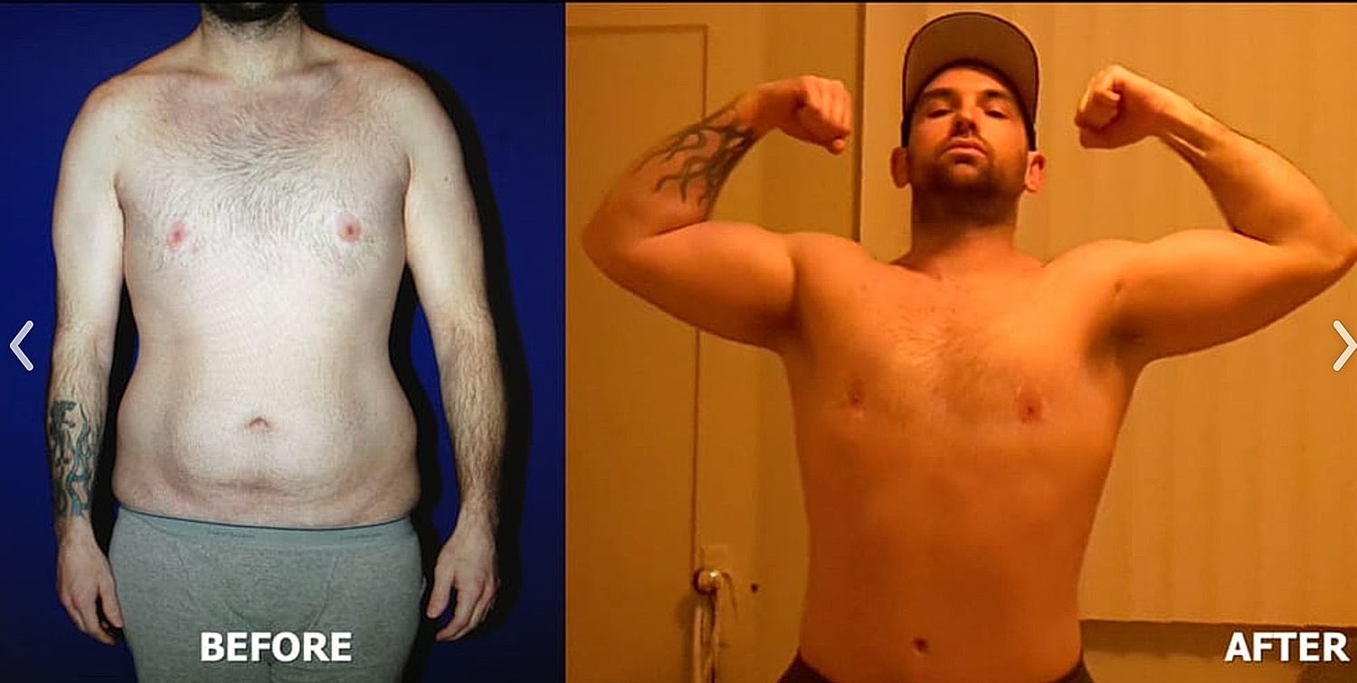 Before and after fitness transformation comparison image.