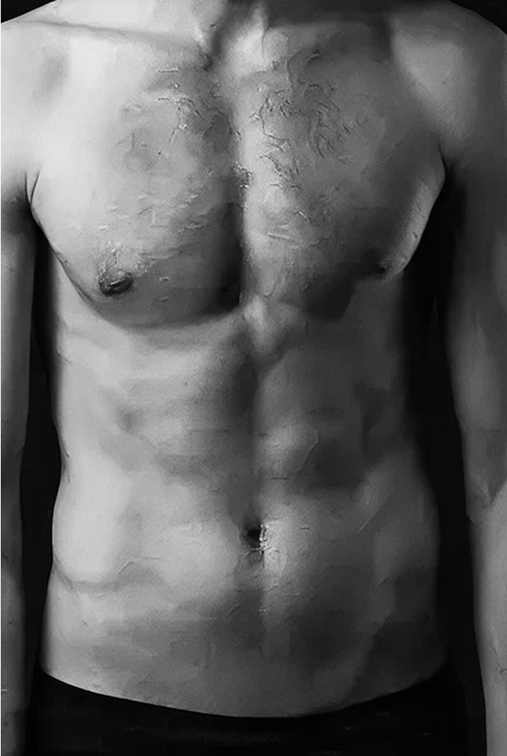 Male torso in black and white image.