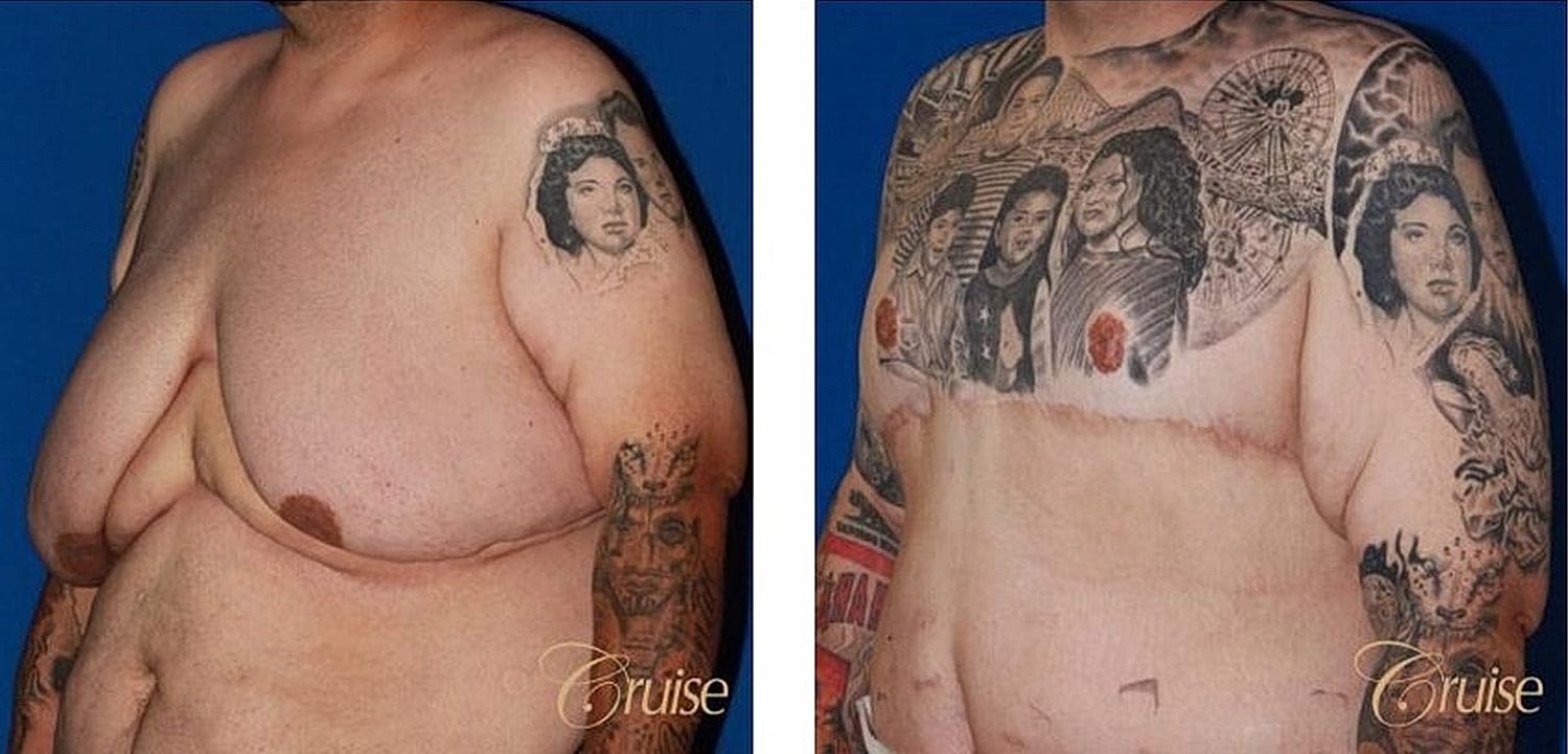 Before and after body transformation with tattoos.