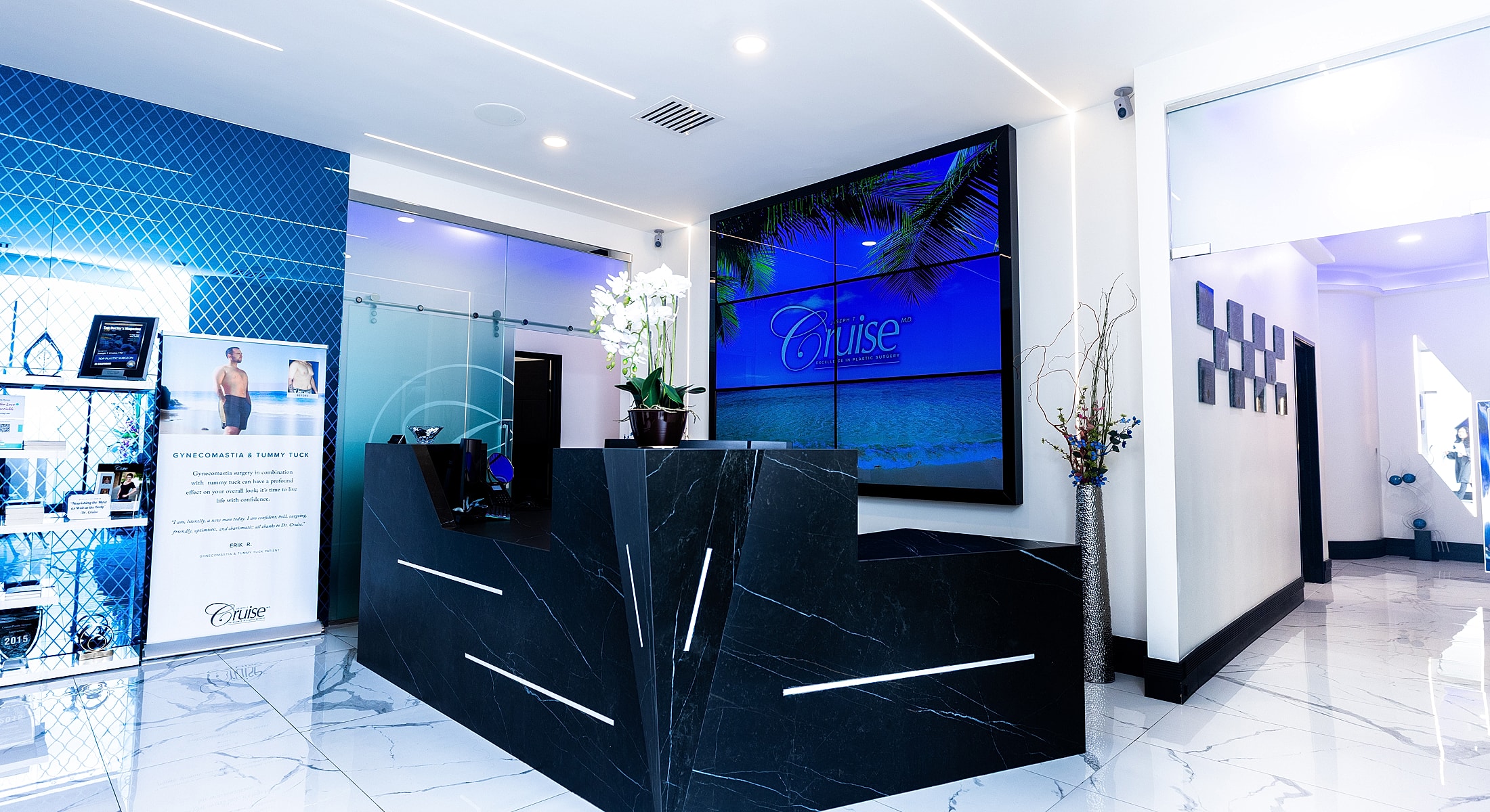 Modern reception area of a cosmetic clinic.