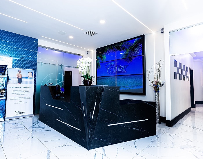 Modern reception area with sleek design elements.
